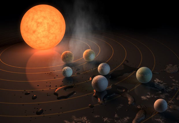 Rappresentazione artistica della stella Trappist-1 con il suo sistema planetario (fonte: NASA/JPL-Caltech) © Ansa