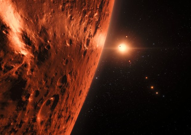 Rappresentazione artistica del sistema planetario Trappist-1 (fonte: ESO/N. Bartmann/spaceengine.org) © Ansa