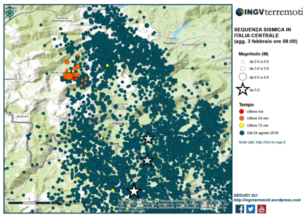 La mappa della sequenza sismica in Italia centrale centrata sull'area in cui si sono verificati gli eventi sismici di magnitudo uguale e maggiore di 4.0 il 3 febbraio (fonte: Ingv) © Ansa