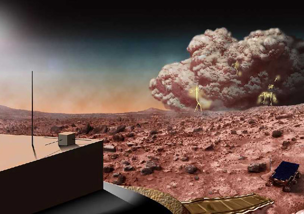 Rappresentazione artistica di una tempesta di polvere su Marte (fonte: NASA) © Ansa