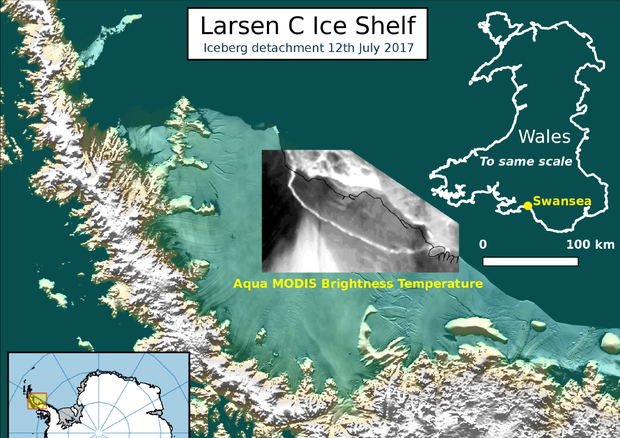 Rappresentazione grafica della rottura della piattaforma di ghiaccio Larsen, con la foto del satellite Aqua (fonte: MODIS) © Ansa