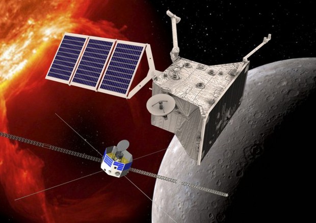 Rappresentazione artistica della missione europea BepiColombo e le due sonde Mercury Planetary Orbiter (in alto) and Mercury Magnetospheric Orbiter (fonte: ESA) © Ansa