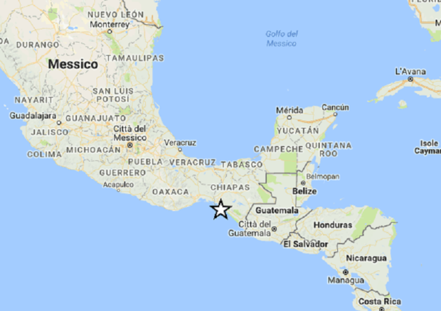 Localizzazione del terremoto di magnitudo 8 avvenuto lungo le coste del Pacifico, vicino alla regione messicana del Chiapas (fonte: INGV) © Ansa