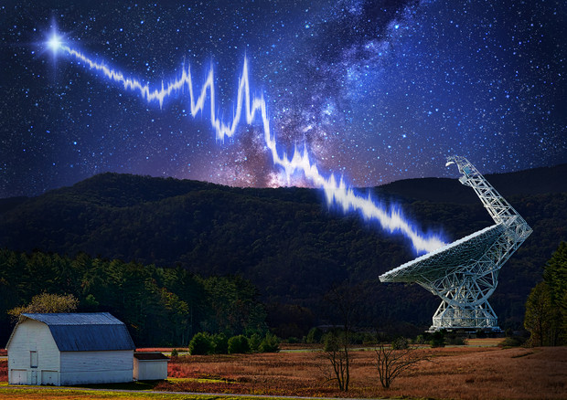 Il Green Bank Telescope nel West Virginia in una notte stellata. Nella ricostruzione un lampo radio veloce proveniente dalla sorgente Fast Radio Burst FRB 121102 'catturato' dal telescopio © Ansa