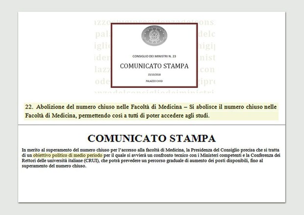 Il testo del comunicato del CdM (sopra), il successivo comunicato di Palazzo Chigi (sotto) © ANSA