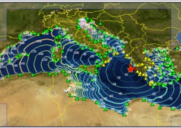 Rappresentazione grafica dell'onda di tsunami generata dal terremoto del 26 ottobre in Grecia (fonte: INGV) © Ansa
