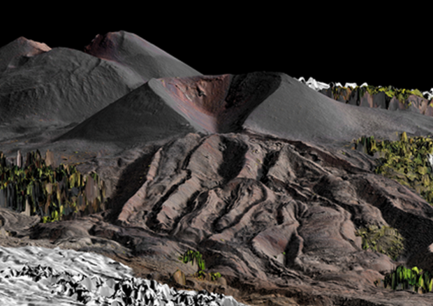 Vista prospettica 3D del campo lavico del 1974. In evidenza il Monte De Fiore II e alle sue spalle il Monte De Fiore I (fonte: INGV) © Ansa
