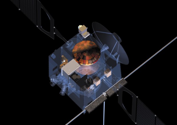 Rappresentazione artistica della sonda Mars Express nell'orbita di Marte, con le antenne del radar Marsis (fonte: ESA) © ANSA