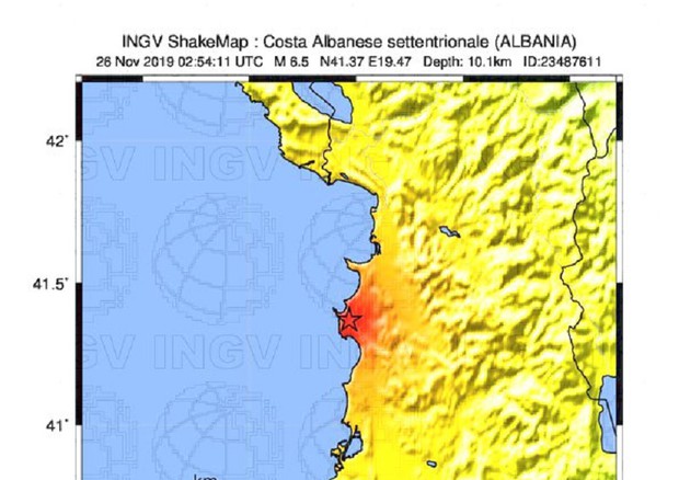 Mappa del terremoto in Albania del 26 novembre 2019 (fonte: INGV) © Ansa