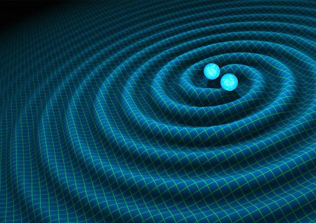 Rappresentazione grafica delle onde gravitazionali generate dalla collisione di due stelle di neutroni (fonte: R. Hurt/Caltech-JPL) © Ansa