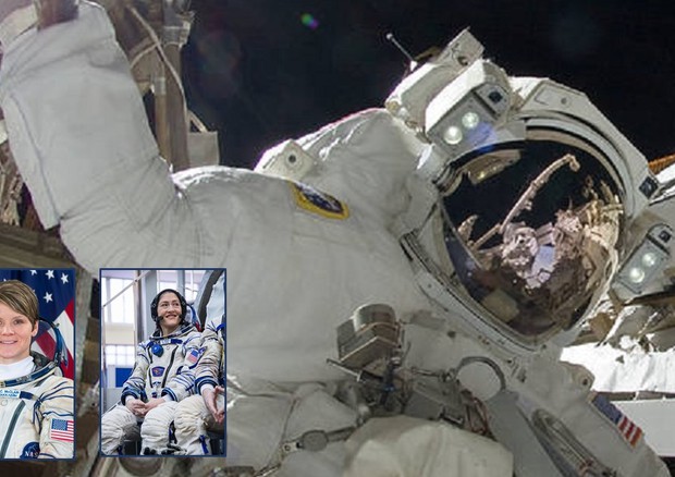 Sullo sfondo la passeggiata spaziale dell'astronauta della Nasa Sunita Williams; nei riquadri le  protaginste della prima passeggiata spaziale al femminile:  Anne McClain, a sinistra, e   Christina Koch (fonte: NASA, Beth Weissinger) © Ansa
