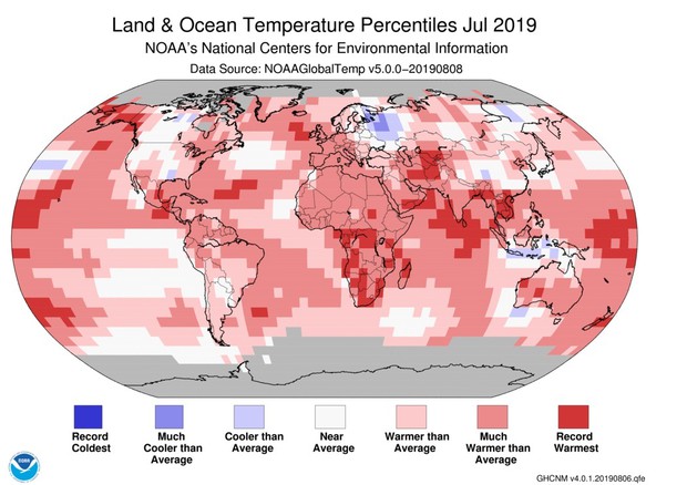 Luglio 2019 è stato il mese più caldo mai registrato nel mondo negli ultimi 140 anni (fonte: NOAA) © Ansa