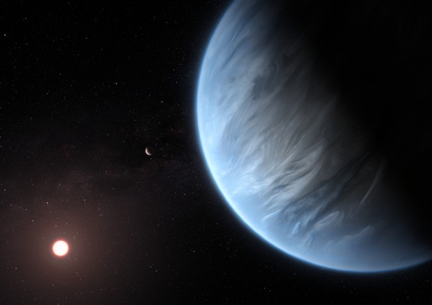 Rappresentazione artistica del pianeta K2-18 b, che ha vapore acqueo nell'atmosfera (fonte: ESA / Hubble, M. Kornmesser) © Ansa