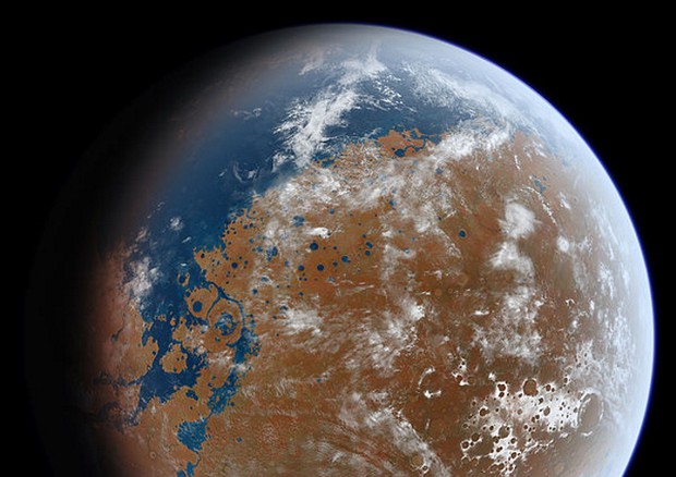 Rappresentazione artistica di Marte quando aveva acqua mari e fiumi (fonte: Ittiz/Wikipedia) © Ansa