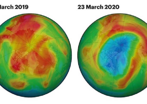n blu l’estensione del buco dell’ozono da record sull’Artico, grande circa tre volte la Groenlandia (fonte: NASA Ozone Watch) © Ansa