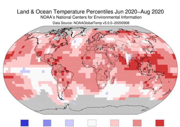 Mappa del caldo nel mondo fra giugno e agosto 2020 (Noaa) © Ansa