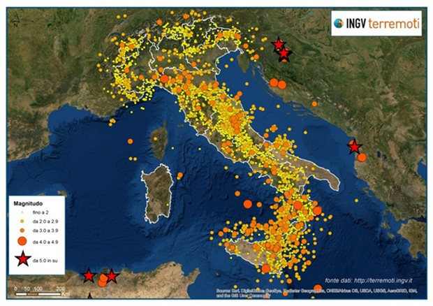 La mappa dei terremoti del 2020 in Italia e nelle zone limitrofe, in media 45 al giorno. (fonte: INGV) © Ansa