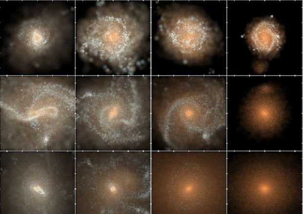 Particolare dell'evoluzione di tre galassie, come emerge dalla simulazione numerica ‘Illustris-TNG’ (fonte: The Illustris Collaboration, 2018) © Ansa