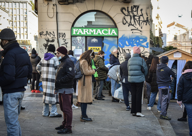 Code davanti alla farmacie di Milano per i tamponi test rapidi in una foto recente © ANSA