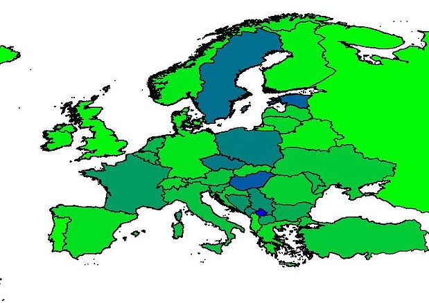 L'incidenza dei casi di infezione da SarsCoV2 in Europa (fonte: Giovanni Sebastiani/CNR) © Ansa