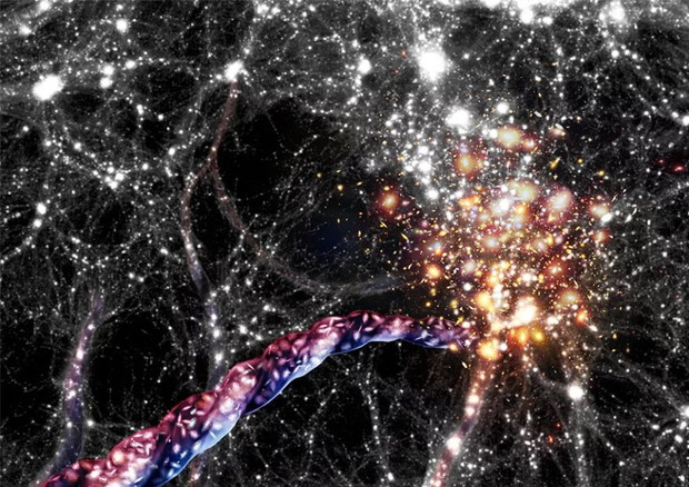 Rappresentazione artistica dei filamenti di galassie lunghi centinaia di milioni di anni luce, in perpetua rotazione (fonte: AIP/A. Khalatyan/J. Fohlmeister) © Ansa