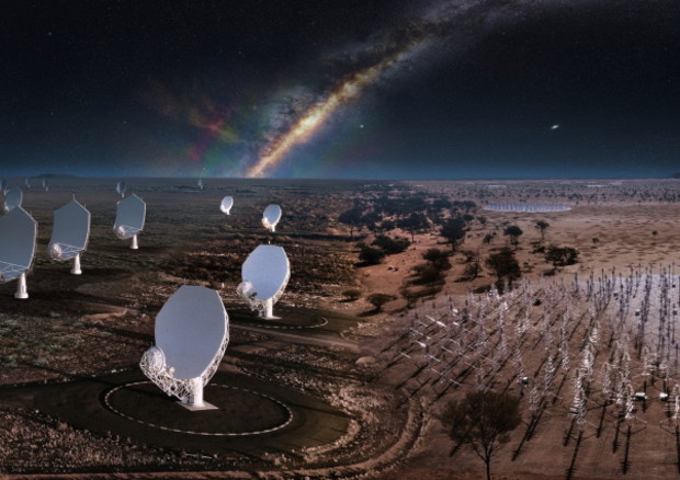 Raffigurazione della rete di parabole dell’Osservatorio Ska, distese tra l’Australia e il Sudafrica. (fonte: SKAO, ICRAR, SARAO, per la vista della Via Lattea: Natasha Hurley-Walker, Curtin/ICRAR, team GLEAM) © Ansa