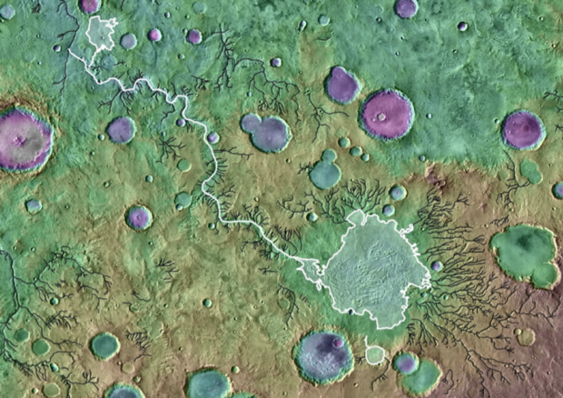 Rappresentazione grafica di un'inondazione su Marte, basata sulle immagini della missione Mars Orbiter della Nasa (fonte: NASA/GSFC/ JPL ASU) © Ansa