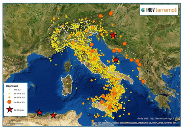 La mappa dei terremoti avvenuti in Italia nel 2021 (fonte: INGV Terremoti) © Ansa