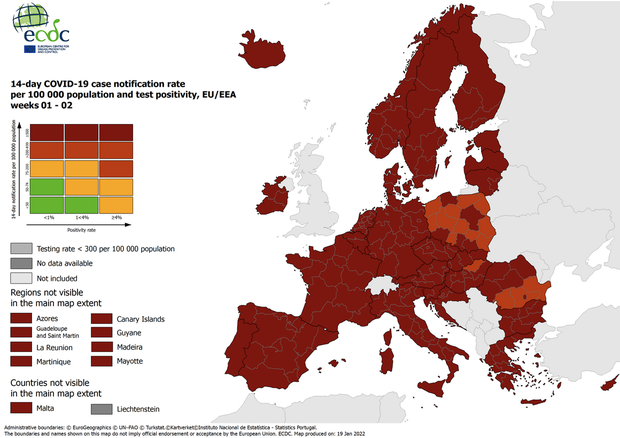 La mappa Ecdc conferma tutta l'Italia in rosso scuro © Ansa