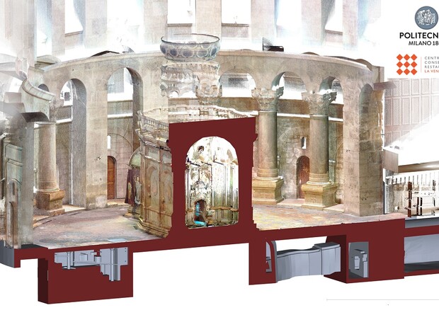 Vista 3D del pavimento e della Rotonda dell’Anastasi della Basilica del Santo Sepolcro (fonte: Polimi) © Ansa