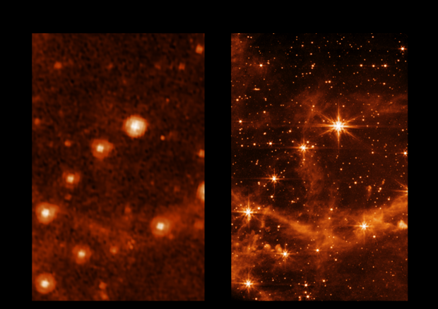 La Grande Nube di Magellano vista dai telescopi Spitzer e Webb (fonte: NASA/JPL-Caltech, NASA/ESA/CSA/STScI) © Ansa