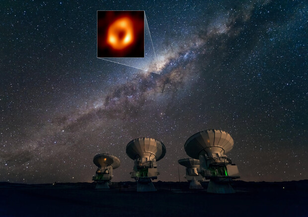Radiotelescopi e in alto la foto di Sagittarius A* (fonte: Collaborazione Eht) © ANSA