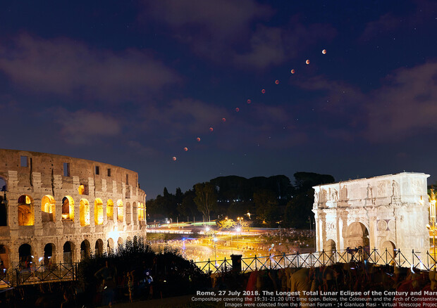 L'eclissi totale di Luna del 27 luglio 2018 sul Colosseo e l'Arco di Costantino, visibile anche Marte (Fonte: Gianluca Masi - Virtual Telescope Project) © ANSA