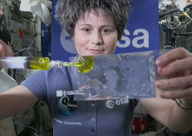L'astronauta Samantha Cristoforetti in uno degli esperimenti durante il collegamento con gli studenti (fonte: ESA TV) © Ansa