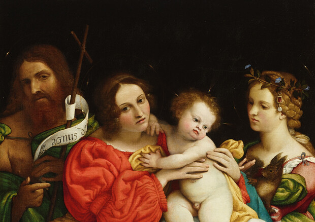 Lorenzo Lotto, Madonna con il Bambino, san Giovanni Battista e santa Caterina, olio su tela, 74 x 68 cm. Collezione privata © ANSA