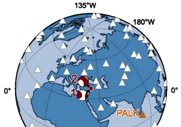 Le 2 scosse del 6 febbraio 2023 in Turchia rappresentano la coppia più intensa mai registrata sulla terraferma; mappa della distribuzione delle stazioni di rilevamento (fonte: Earthquake Science (2023). DOI: 10.1016/j.eqs.2023.02.008) © Ansa