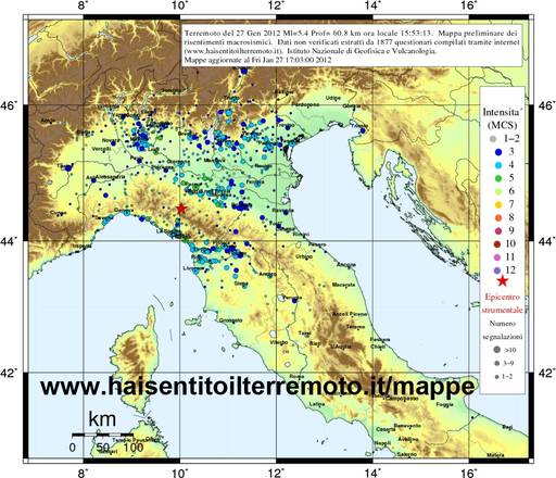 Mappa della percezione del terremoto del 27 gennaio (fonte: INGV)