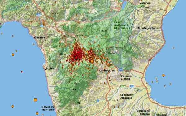 I terremoti registrati il 26 ottobre nel Pollino (fonte: INGV)