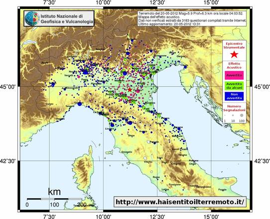 La mappa della percezione acustica del terremoto di magnitudo 5,9 nel ferrarese (fonte: INGV)