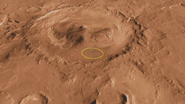 Il cratere Gale, l’area delimitata in giallo è quella in cui è sceso il rover Curiosity (fonte: NASA/JPL-Caltech)