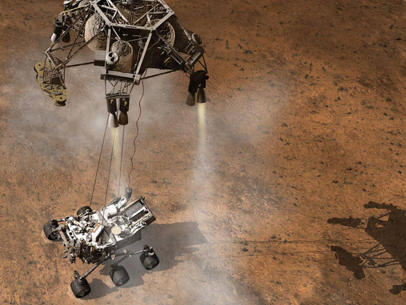 Rappresentazione artistica dell'arrivo di Curiosity su Marte (fonte: NASA/JPL-Caltech)