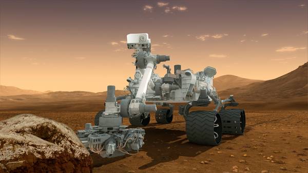 Rapresentazione artistica del rover Curiosity al lavoro su Marte (fonte: NASA/JPL-Caltech)
