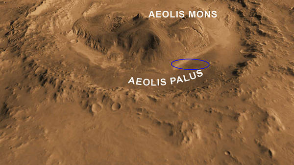 Il Monte Sharp (o Aeolis Mons) al centro del cratere Gale, nell'ellisse l'area in cui si trova Curiosity (fonte: NASA/JPL-Caltech/ASU/UA)