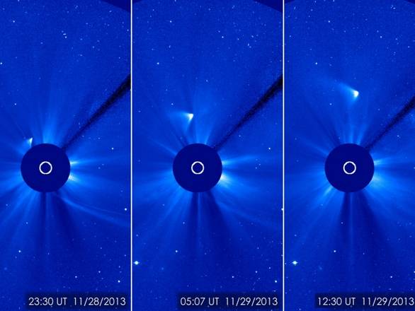 Le immagini del telescopio Soho mostrano quello che potrebbe essere una piccola parte del nucleo della cometa Ison, sopravvissuto al passaggio vicino al Sole (fonte: ESA/NASA/SOHO/GSFC)