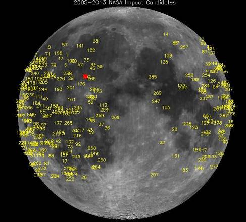 Più DI 300 meteoriti hanno colpito la Luna dal 2005 ad oggi. In rosso, l'impatto del 17 marzo scorso (fonte: Nasa)