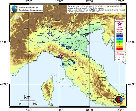 Mappa della percezione del terremoto in Lunigiana del 21 giugno 2013, elaborata dal servizio dell'Ingv 'Hai sentito il terremoto?' sulla base dei questionati inviati dalla popolazione (fonte: INGV)