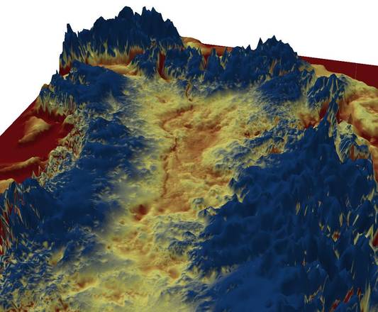 Ricostruzione grafica in 3D del canyon nascosto sotto i ghiacci della Groenlandia (fonte: J. Bamber, Università di Bristol)