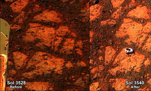 A destra l’immagine della roccia apparsa nella foto del rover Opportunity, a sinistra lo stesso panorama inquadrato qualche giorno prima (fonte: NASA)