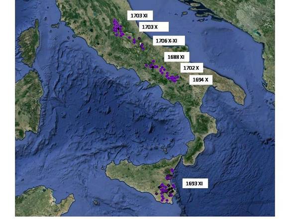 Mappa dei terremoti storici a cavallo tra la fone del '600 e l'inizio del '700 (fonte: Giulio Selvaggi, INGV)