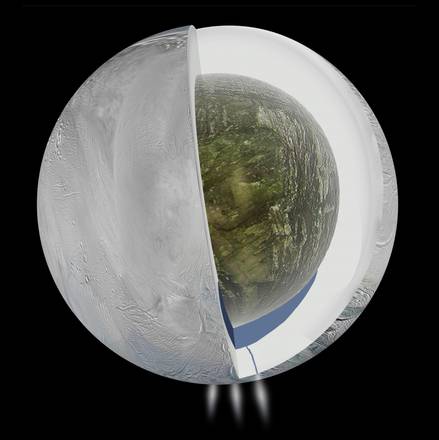 Rappresentazione grafica della struttura interna della Luna di Saturno Encelado, con l'oceano d'acqua nascosto sotto i ghiacci del polo Sud (fonte: NASA/JPL-Caltech)